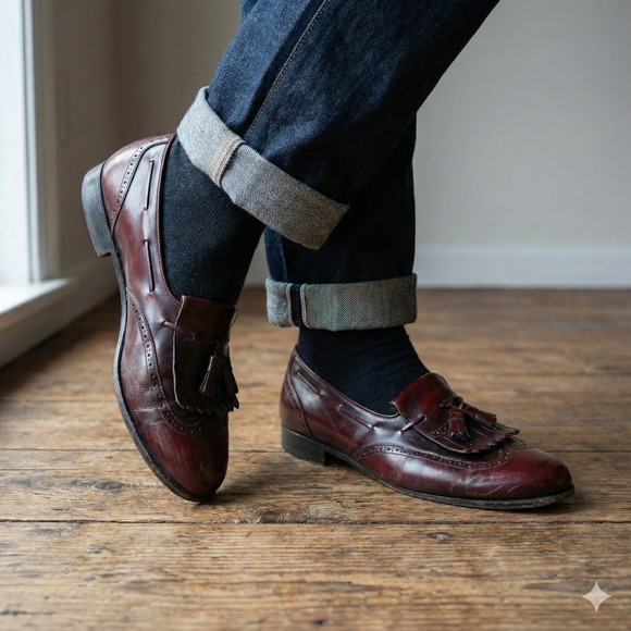 Salvatore Ferragamo Lucas Leather Kiltie Tassel Loafers Men 8.5EE Burgundy Shoes
